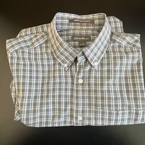 Eddie Bauer Men's Small Check Dress Shirt Long  Sleeve Button Up Cotton Gray Blu